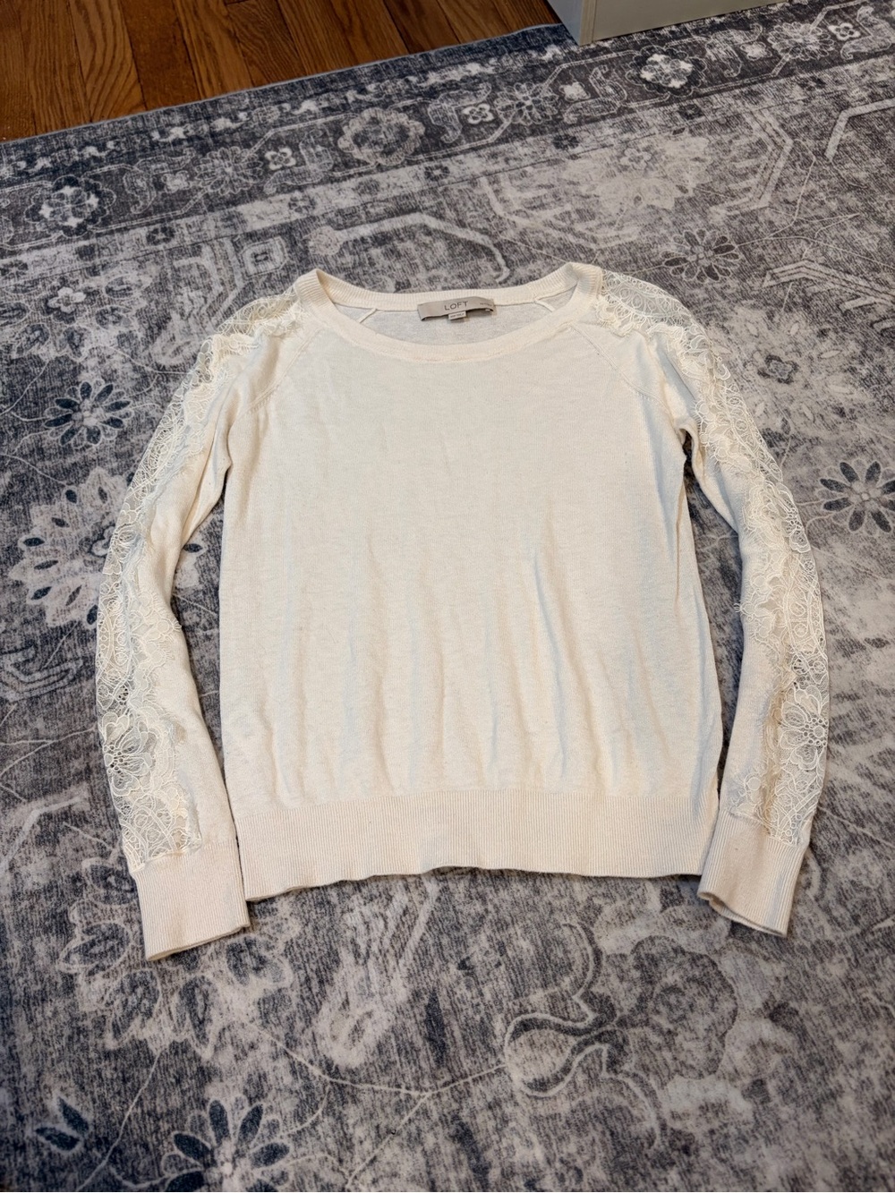 LOFT Cream Scoopneck Sweater with Lace Sleeve Panels